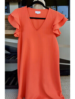 Mud Pie Orange Solid Shift Dress M V-Neck Ruffle Flutter Short Sleeve Knee